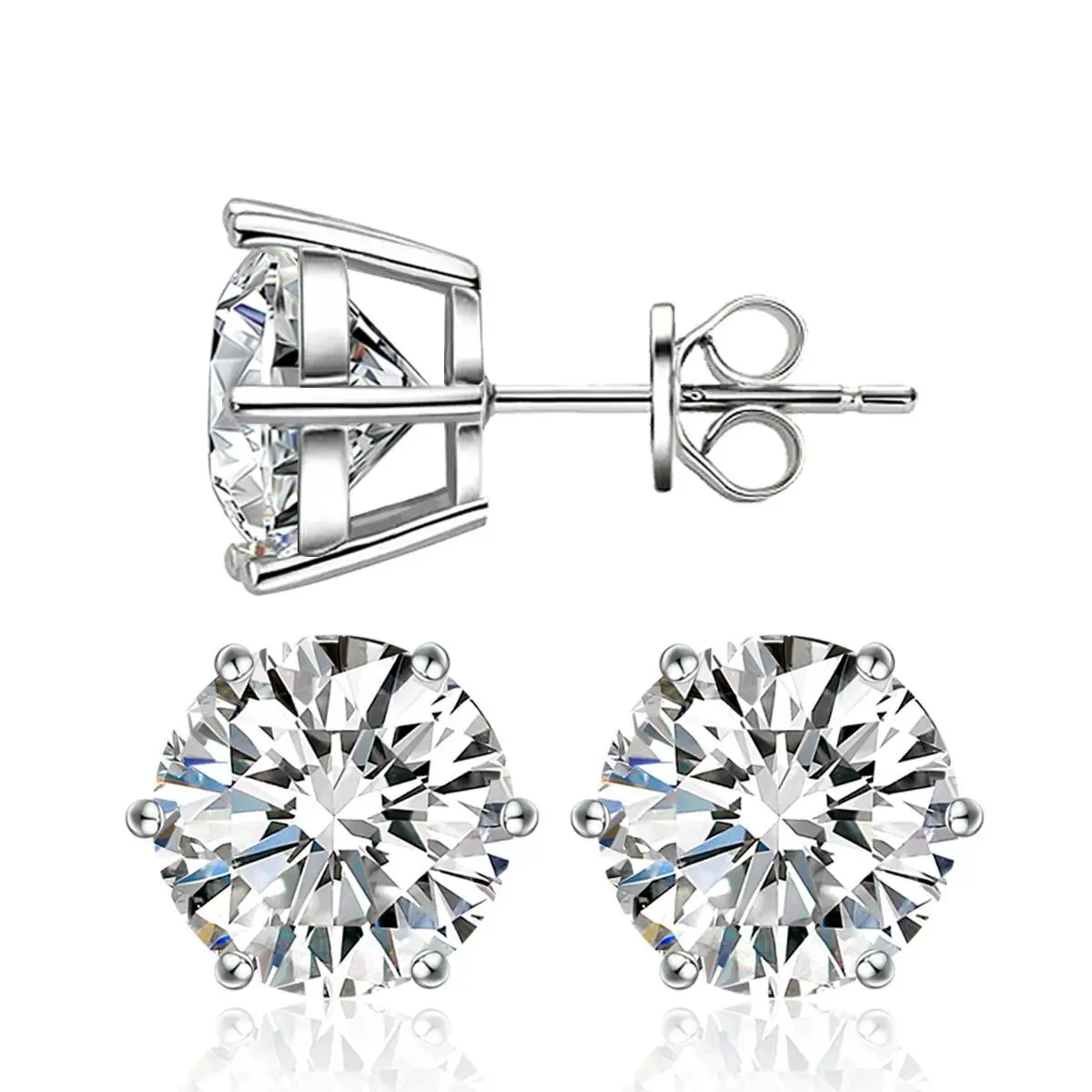 S925 6-Prong Round VVS Synthetic Moissanite Stud Earrings, Daily Costume Jewelry Accessories, Ideal Birthday Wedding Gifts for Women, Moissanite Studs Earrings