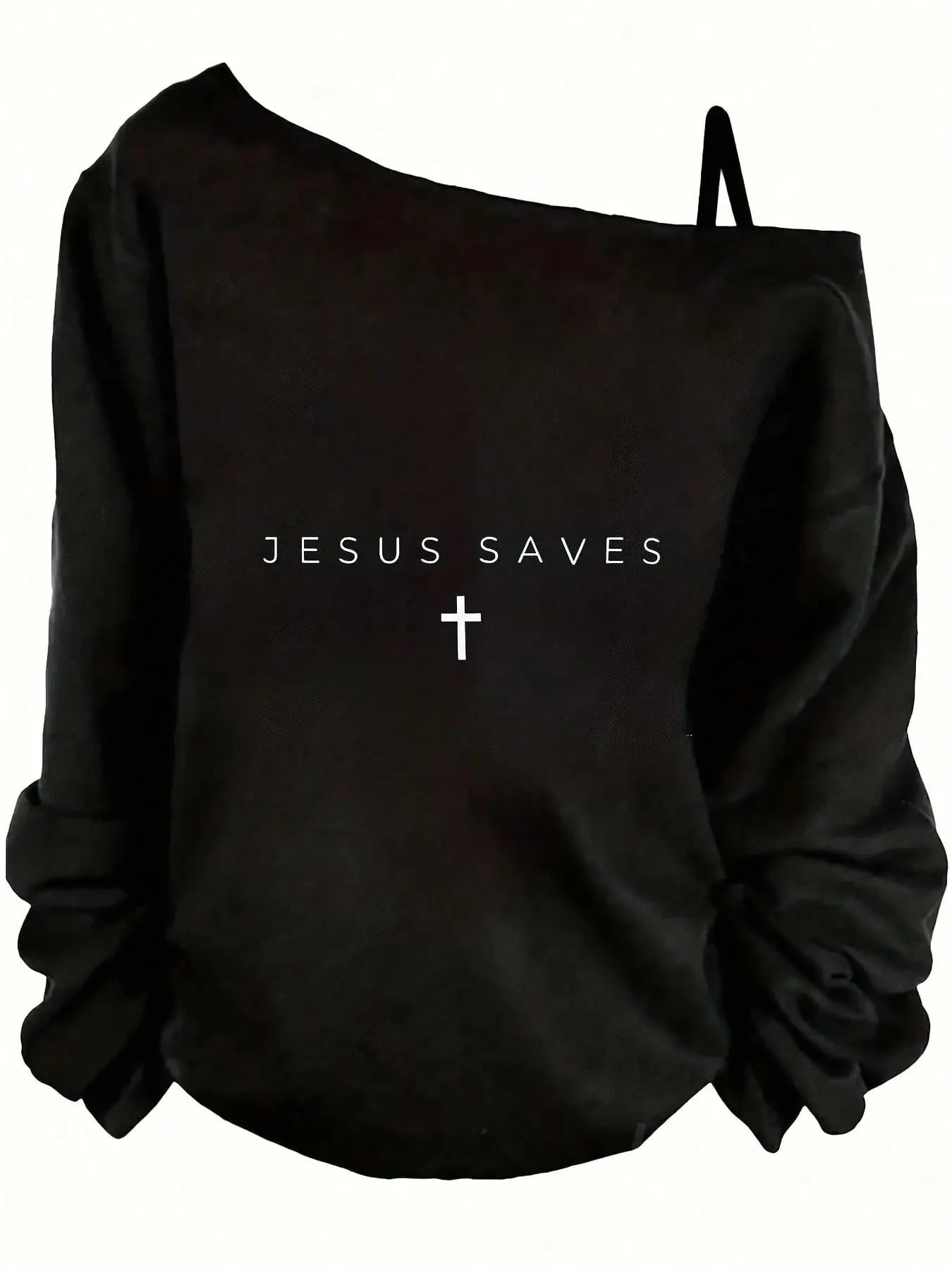 Women's Stylish Black Graphic Sweatshirt, Viral Edgy Aesthetic Jesus Saves Cross Print Outfit, Soft Fabric Casual Daily Streetwear, Trendy Lazy Girl OOTD, Comfy Loose Fit, Cool Religious-Inspired Design, Must-Have Fashion Top