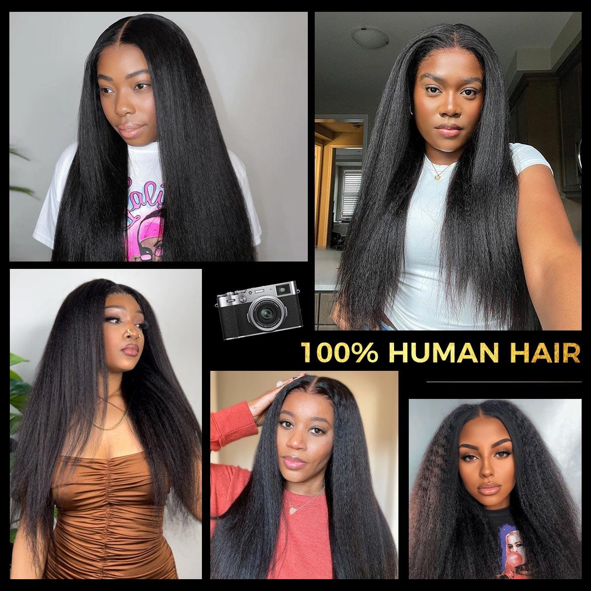 OQ HAIR Kinky Straight Hair Bundles 100% Virgin Human Hair Weaving Natural Black Color 3 4 Bundle Deals Double Weft Sew in Hair Extensions
