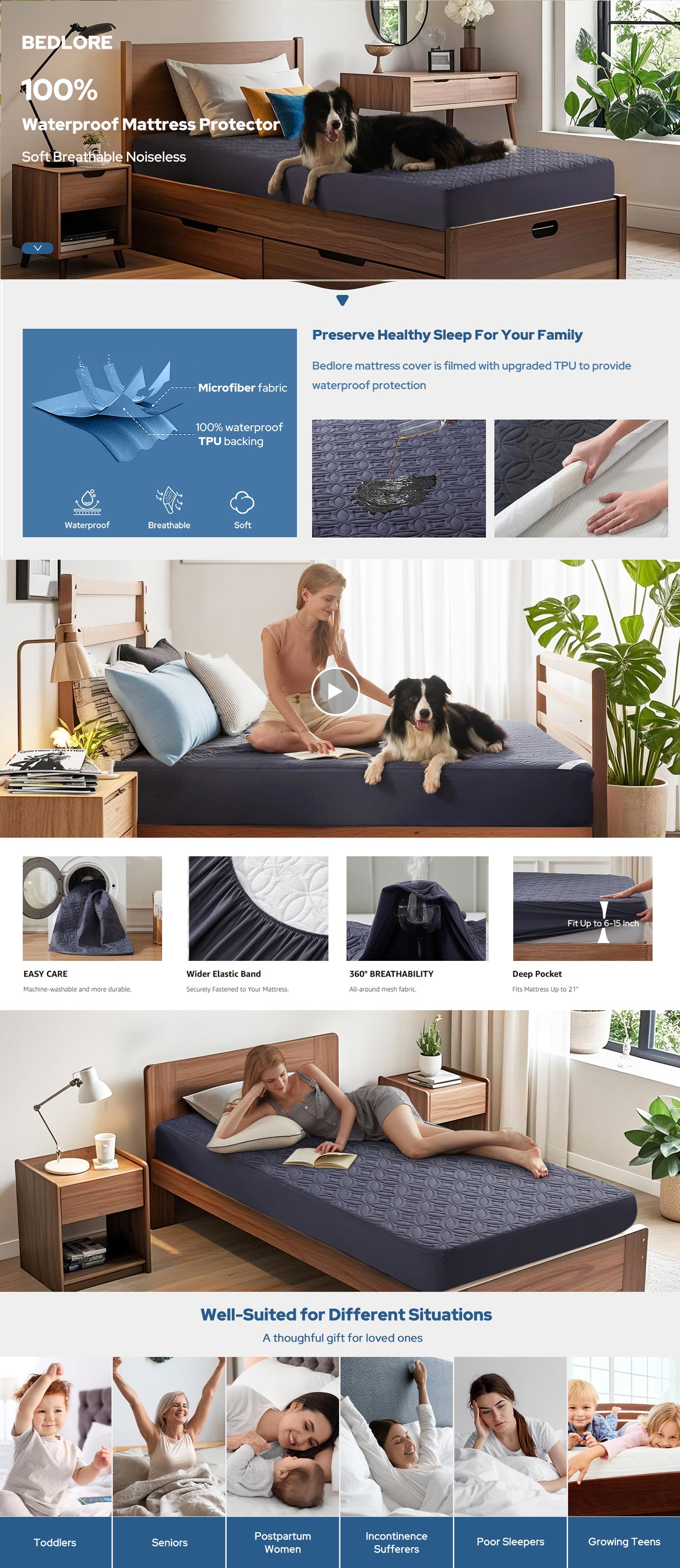 【BEDLORE】Breathable Waterproof Mattress Pad, Soft Dirt-Proof Design with Deep Pocket Fit 6–15 Inch Mattresses, Perfect for Bedroom & Guest Room