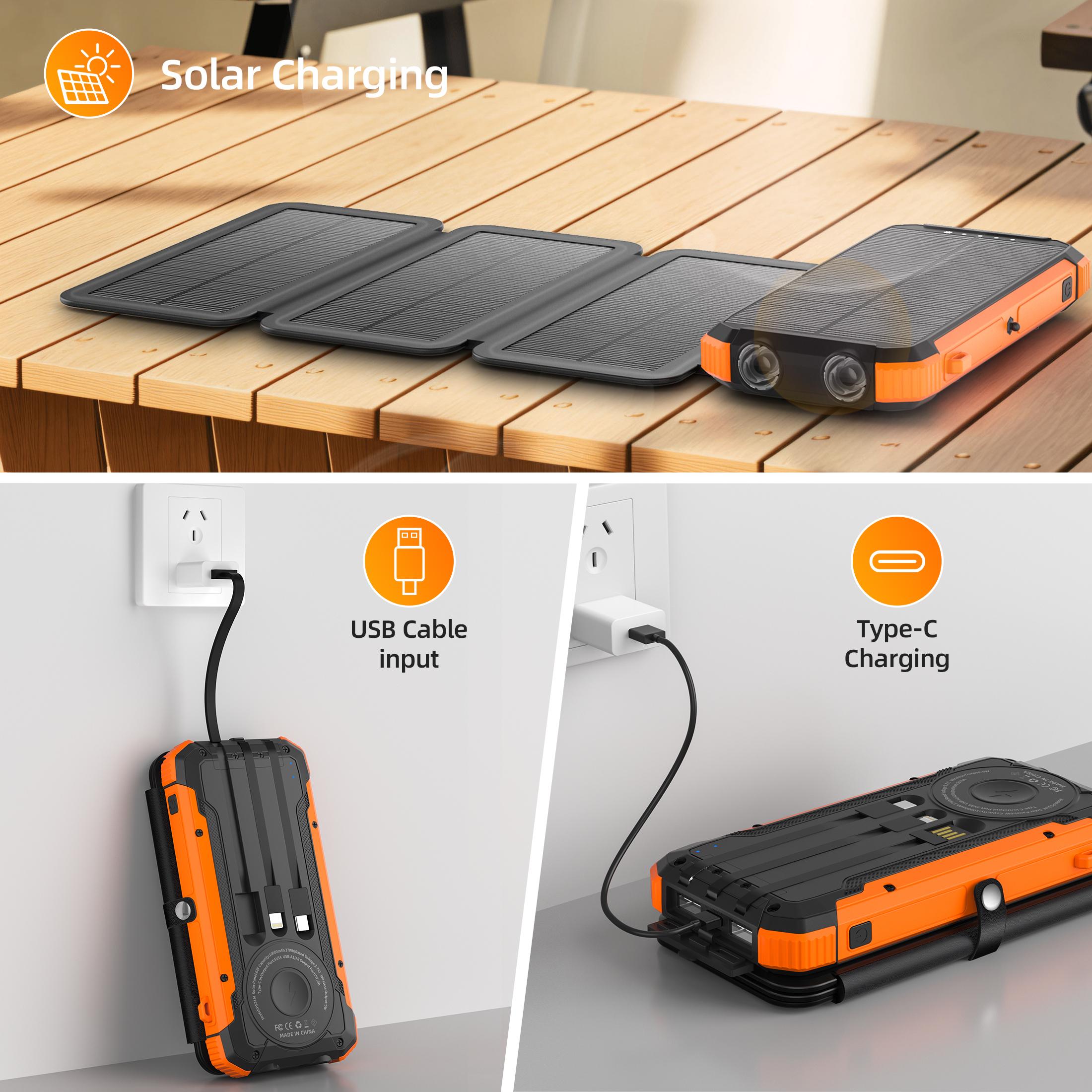 20000mAh Solar power bank PD 15W Fast Solar Charger with Foldable Panels 4 Foldable Panels 15W Wireless Built-in Cables USB-C In/Out Camping Hurricane Emergency Smart iPhone 17 Compatible Chargeable Power Bank Travel Battery Pack power bank