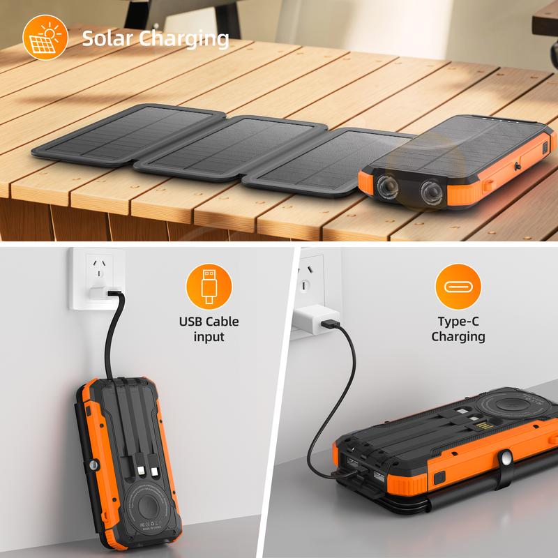 20000mAh Solar power bank PD 15W Fast Solar Charger with Foldable Panels 4 Foldable Panels 15W Wireless Built-in Cables USB-C In/Out Camping Hurricane Emergency Smart iPhone 17 Compatible Chargeable Power Bank
