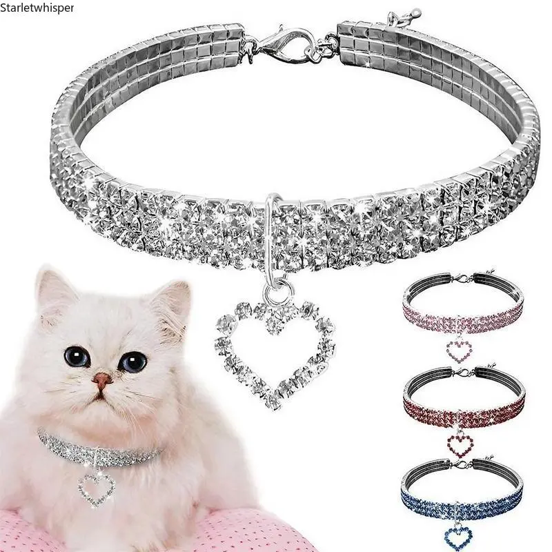 Elegant Durable Spark Rhinestone Pet Collar with Heart Pendant, Adjustable Bling Necklace for Small-Medium-Large Dogs & Cats (Sports & Outdoor Pet Accessory)