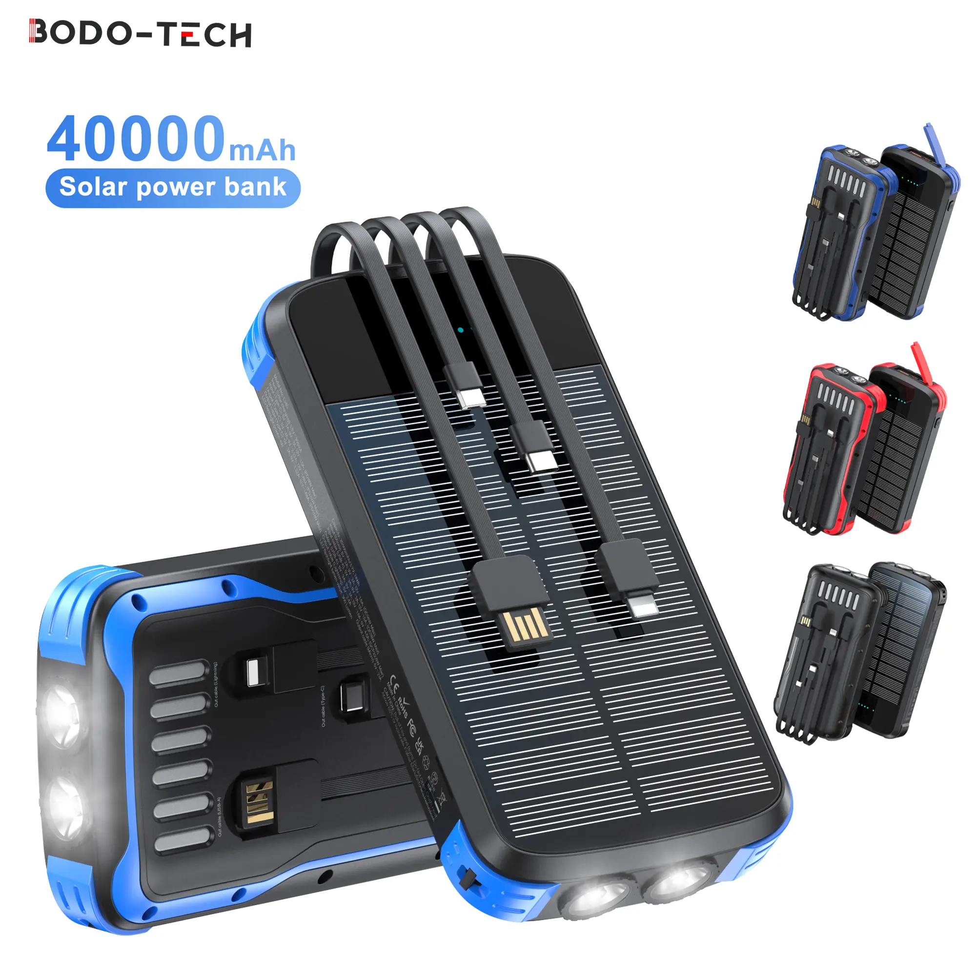 Bodo-Tech 40000mAh (>20000mAh) Solar Power Bank, Chargeable Portable Solar Charger with Dual Ports (USB-A, Micro USB), LED Flashlight, 4 Phone Cables for Smartphones/Tablets Fast Charging (Orange) for Camping Essentials, Devices