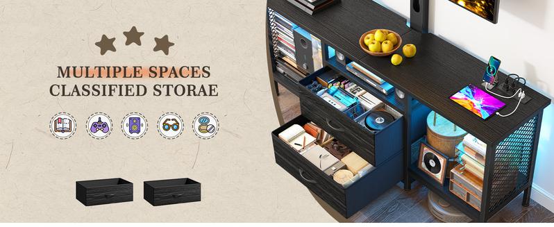 RaybeeFurniture TV Stand with Mount and Power Outlet and LED for 32-65 Inch TVs, Swivel and Adjustable TV Stand for Bedroom with 2 Fabric Drawers, Modern Entertainment Center