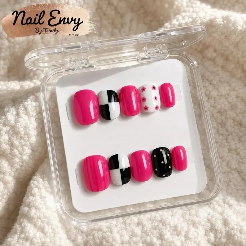 Hot Pink Checkerboard Floral Press On Nails | Reusable Handmade Glue On Set