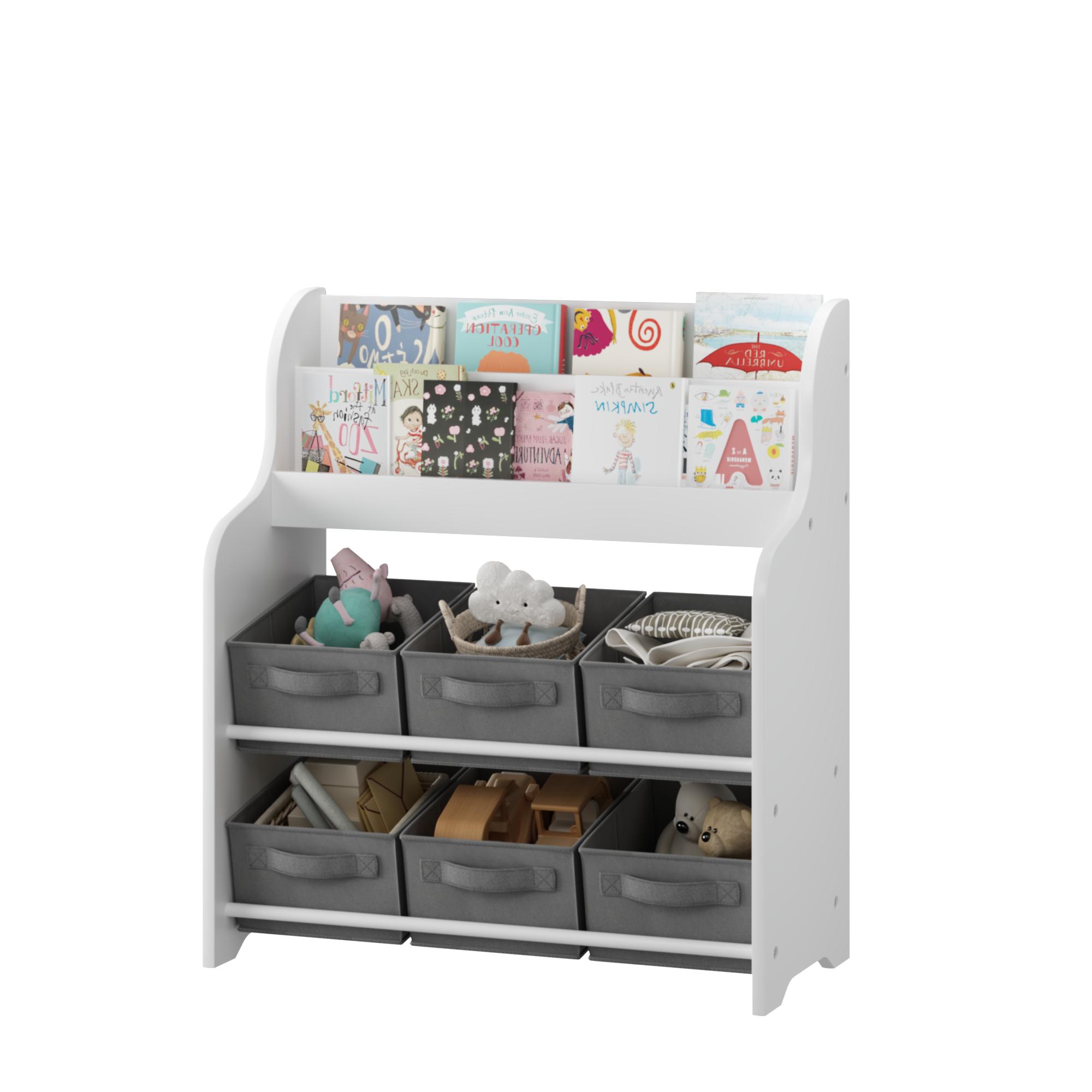 Kids Bookshelf with 6 Fabric Storage Bins, Multi-Functional Children's Bookcase and Toy Organizer, Front-Facing Display Shelf for Playroom, Bedroom or Nursery - White & Gray