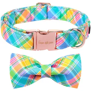 Unique Style Paws Easter Dog Collar with Detachable Bow, Durable Plaid Metal Buckle Collar - Adjustable Dog Accessory for Small Medium Large Pets