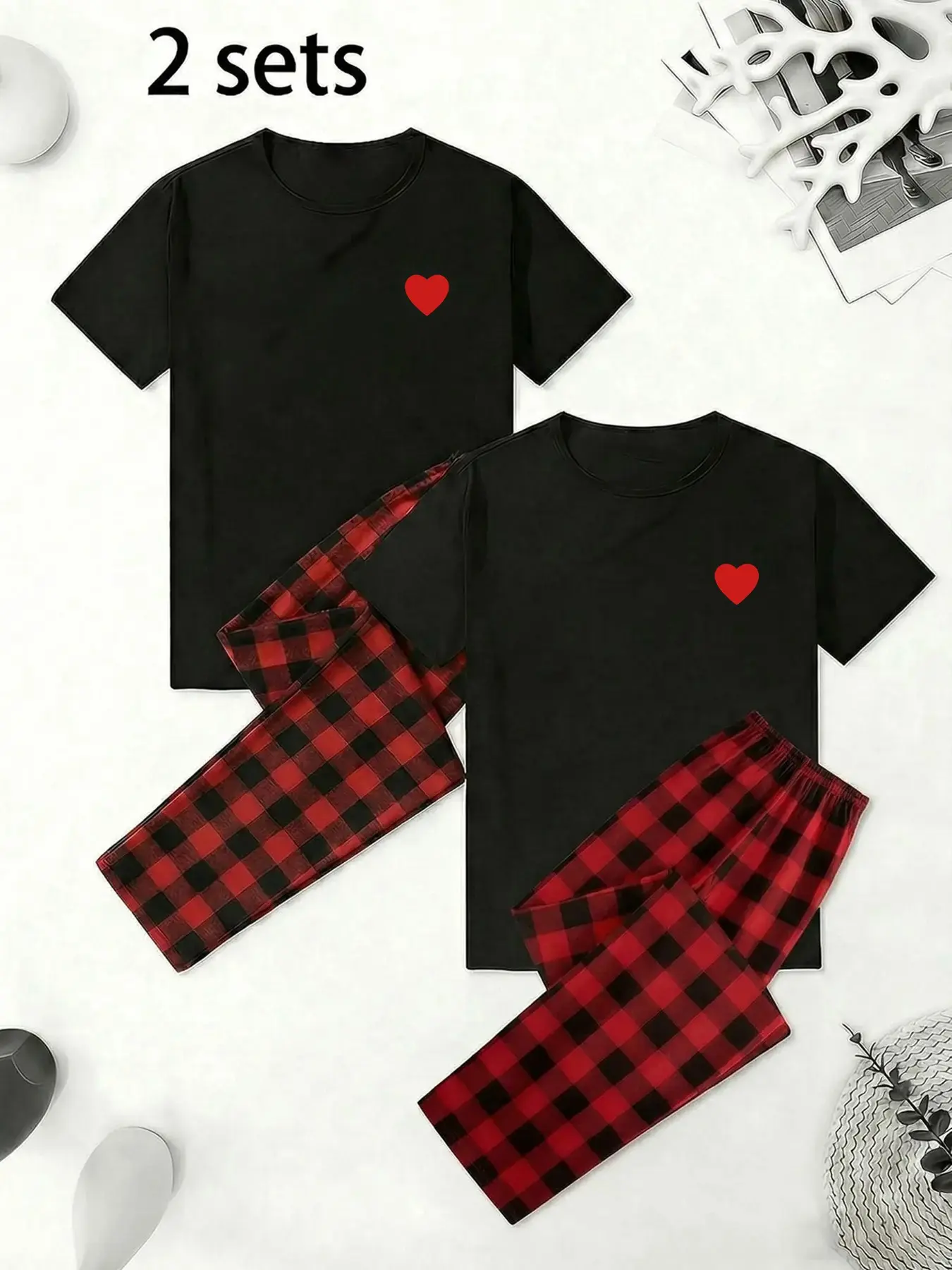 Couple Matching Plaid Pajama Set, Heart Print, Short Sleeve Long Pants, Loose Fit, Casual Sleepwear, Breathable, Trendy Home