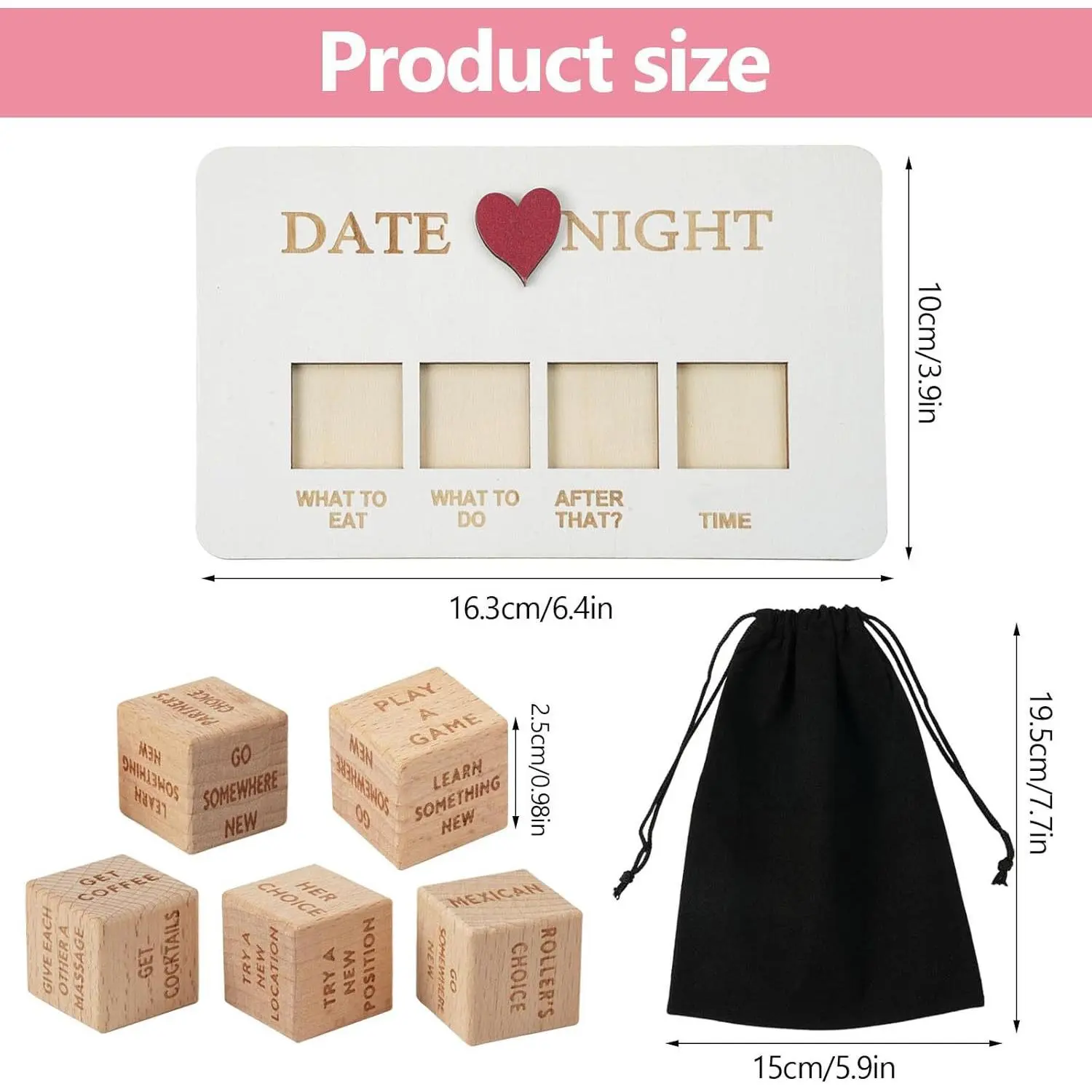 Wooden DateNight Decision Dice, Valentine's Day, portable,Romantic Couple Dice Set, Night, Funny date night ldeas couple Game Set, Party supplies Funny Gift for Valentine's DayAnniversary, Birthday (including 5 dice) Family Fun Game Tabletop Games