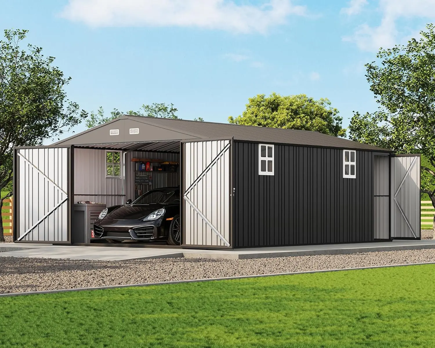 12x20 FT Heavy Duty Metal Garage Shed with Double Doors & 2 Windows | Large Outdoor Steel Storage Building | Waterproof All-Weather Carport for Car, Truck, Motorcycle, Lawnmower | Dark Gray Backyard Workshop for Vehicle & Equipment Storage