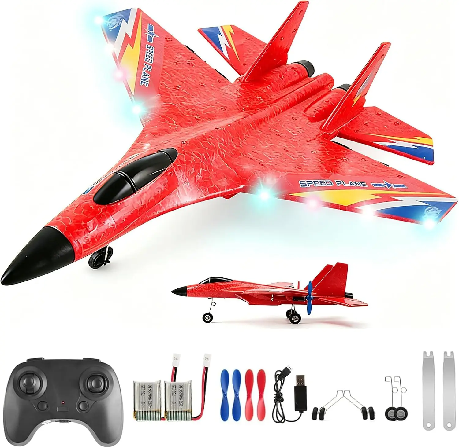 Unisex EPP Foam SU27 RC Fighter Jet, Remote Operated Airplane with Flashing LEDs, Beginner-Friendly Electric RC Flying Toy for Adults - Red