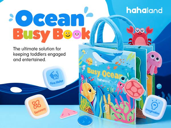 hahaland Ocean Busy Book for Toddlers 1-3, Montessori Toys Sensory Activity Busy Board, Travel Toy for 1 2 3 Year Old Boys Girls, Educational Fine Motor Skills Learning Toy, Toddler Birthday Gift