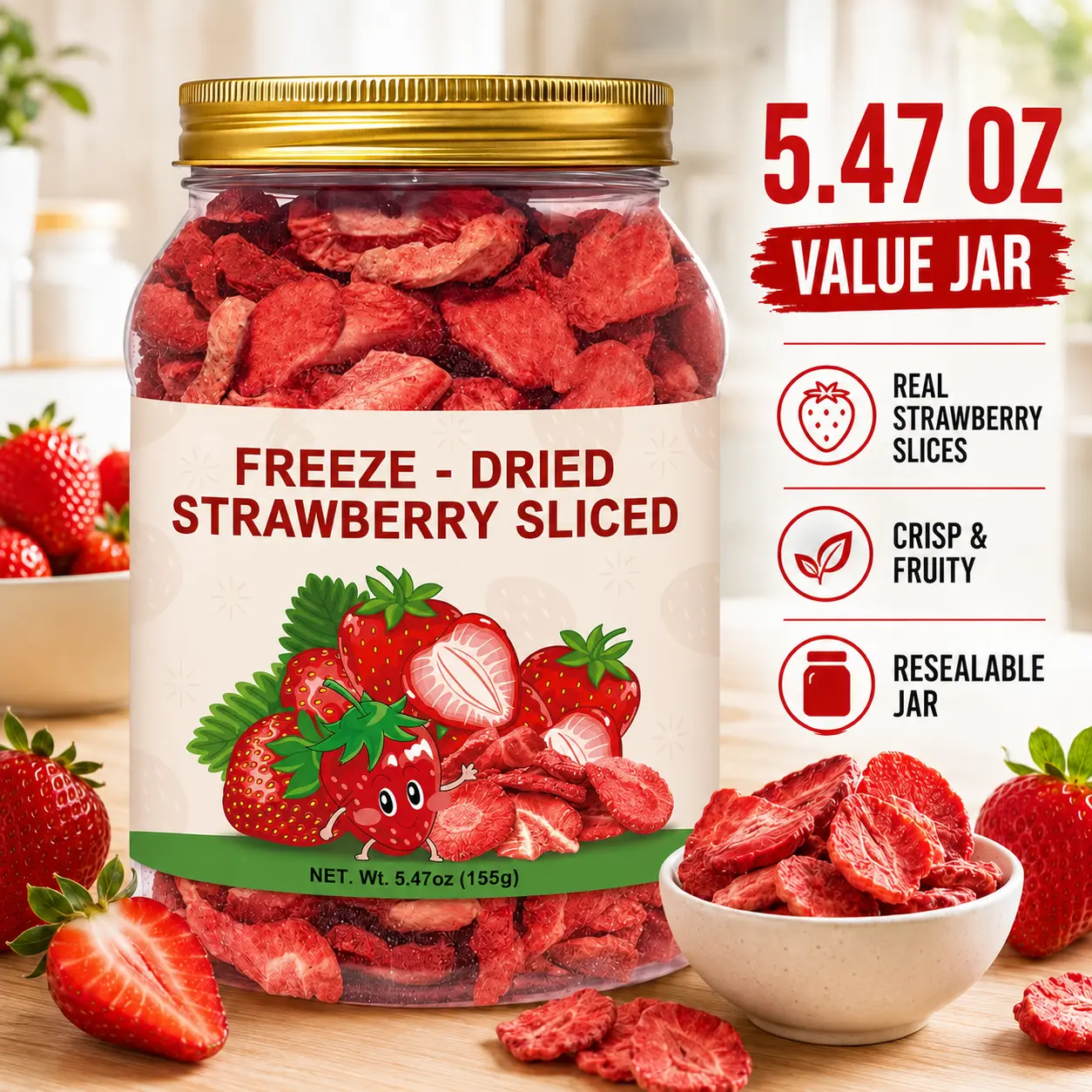Freeze Dried Strawberry Slices 5.47oz – Crispy Natural Strawberry Snack for Yogurt, Smoothies, Oatmeal, Baking & Desserts – Resealable Jar Fruit Dry