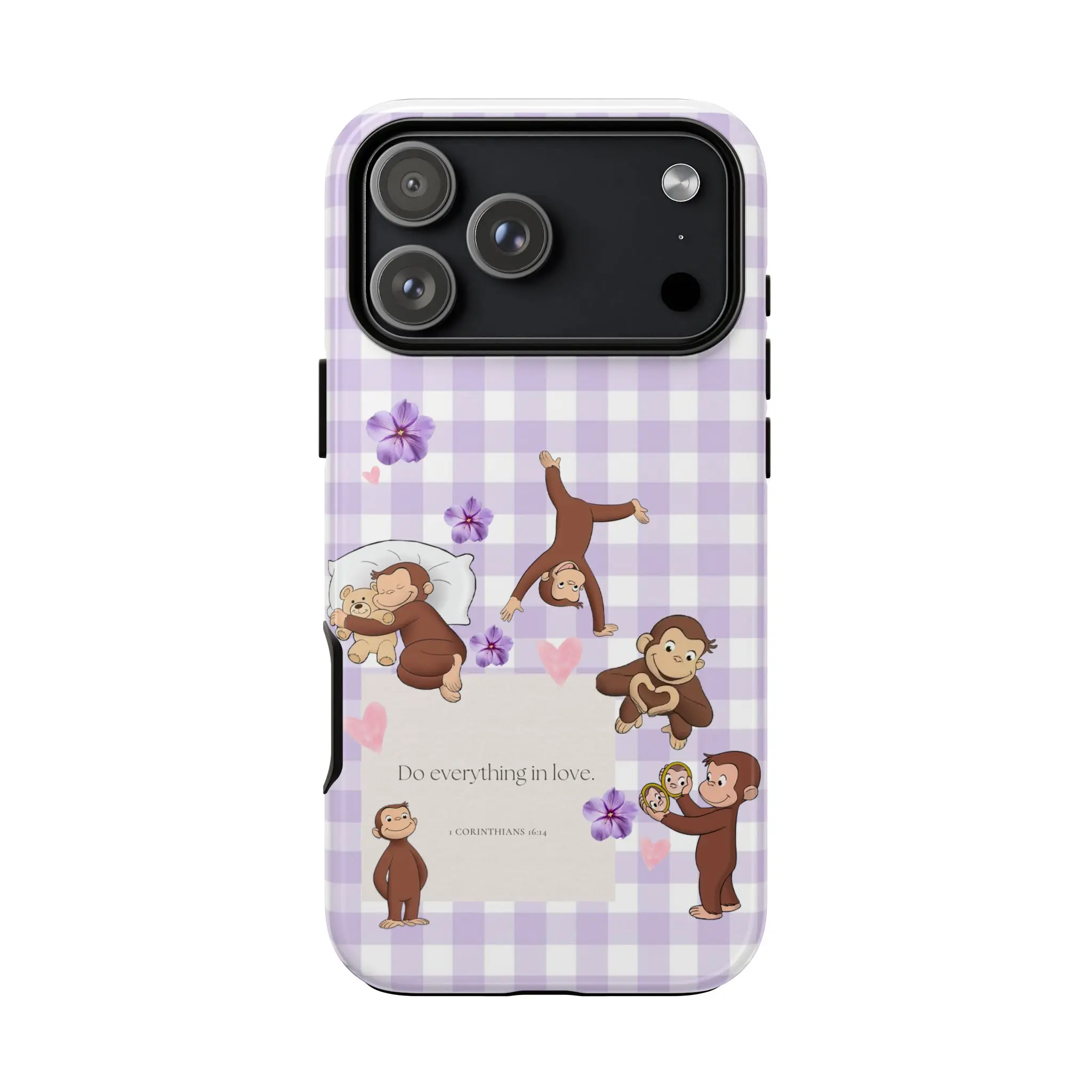 Cute Purple Gingham Curious George Cellphone Case - Lightweight Durable Shockproof Polycarbonate Shell, Waterproof Cover, Inspirational Bible Verse Accessory for Fans, Mobile Phone Accessories with Reliable Protection