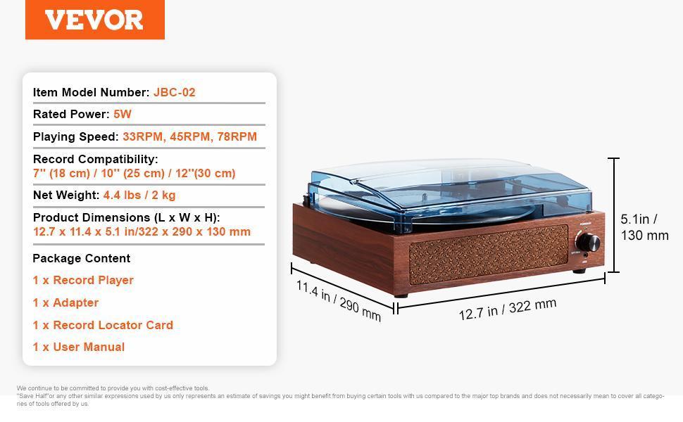 VEVOR Vinyl Record Player, 3-Speed, Belt Driven Turntable Player with Built-in 5W Stereo Speakers Magnetic Cartridge, Support 33/45/78 RPM Bluetooth Aux in RCA Output, for 7/10 /12 in Vinyl Records VEVOR Vinyl Record Player, 3-Speed, Belt Driven Turntable Player with Built-in 5W Stereo Speakers Magnetic Cartridge, Support 33/45/78 RPM Bluetooth Aux in RCA Output, for 7/10 /12 in Vinyl Records