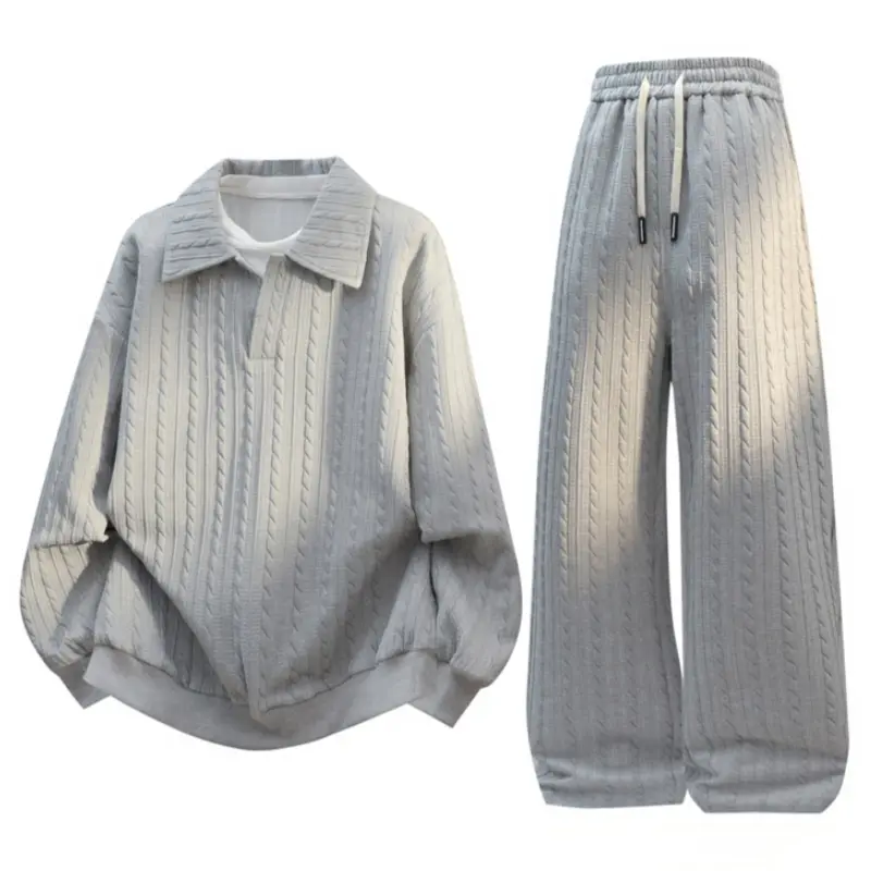 Men Cream Cable Embossed Two-Piece Matching Outfit, Polo Collar Long Sleeve Curved Hem Shirt Paired with Elastic Drawstring Waist Trousers, Soft Textured Fabric Casual Co-Ord for Spring Autumn Daily Street and Commute Leisure