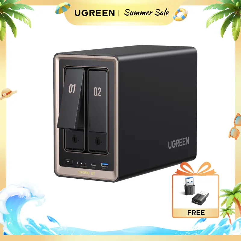 UGREEN NAS DXP2800 GT 2-Bay Desktop Network Attached Storage, AMD R2514 CPU, 8GB DDR4 RAM, 10GbE, 2X M.2 NVMe Slots, 4K HDMI, Ideal for Content Creators and Enthusiasts (Diskless),Summer Sale