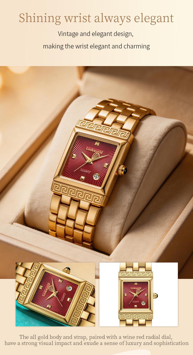 Women’s Gold Square Watch Red Dial Luxury Mesh Band Elegant Waterproof red face watches for women - TikTok Shop main image 2