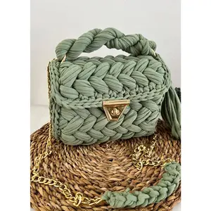 Handmade Crochet Bag - Green with Gold Chain, Adjustable Strap, and Rope Detail