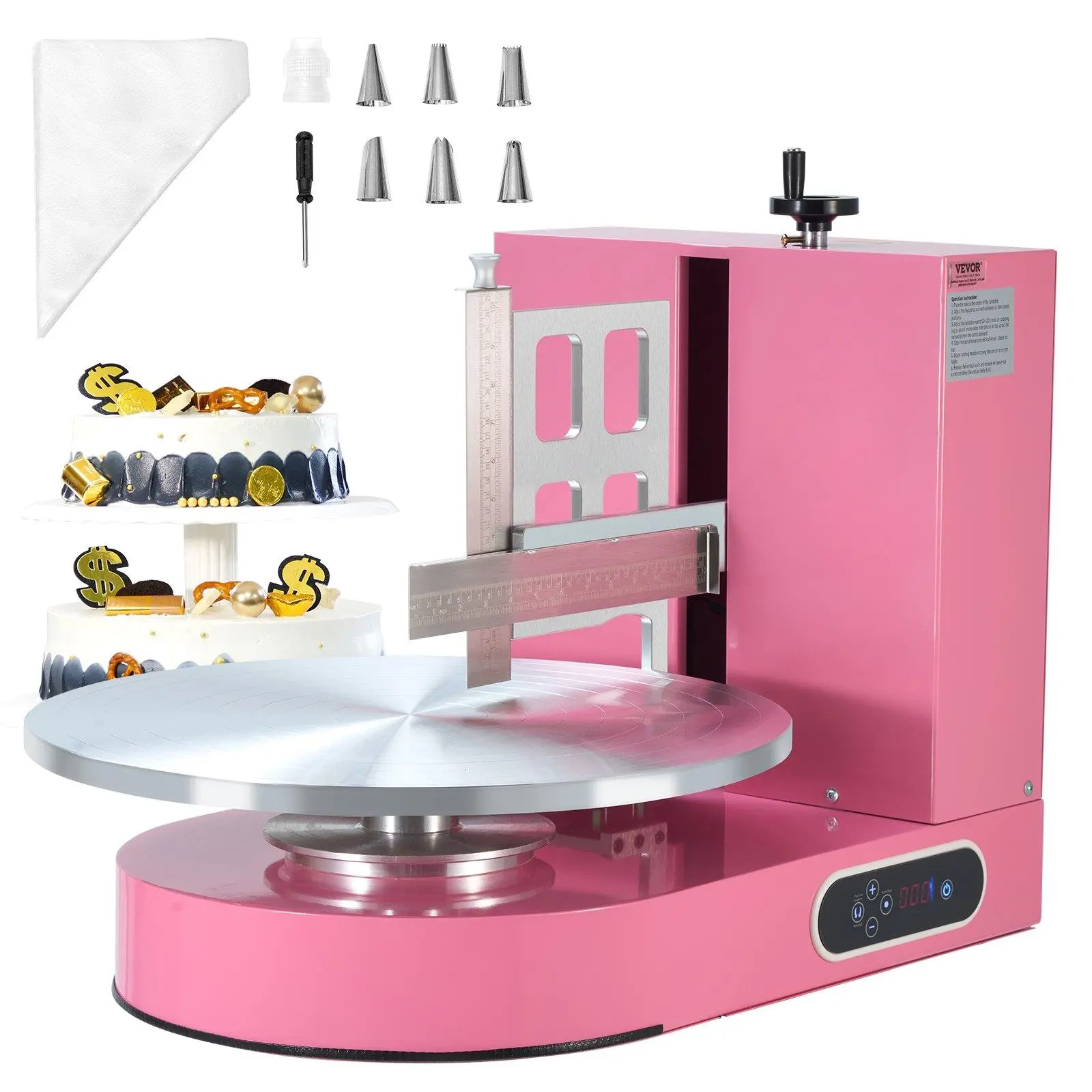 【Summerfinds】VEVOR Cake Decorating Machine,  Cake Cream Spreading Coating Smearing Machine, Low Noise Cake Frosting Machine, Turntable with Adjustable Scraper, for 4" to 16" Cake, 25-320RPM Rotating Speed, Pink