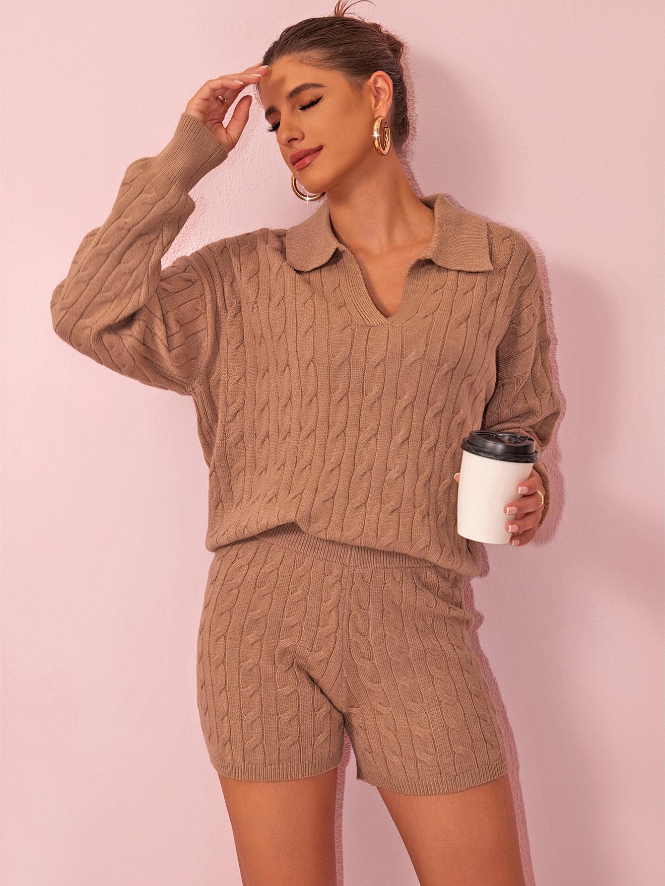 Joyfunear Women's Knitted Two Piece Set, Leading Sweater, High Waist Shorts