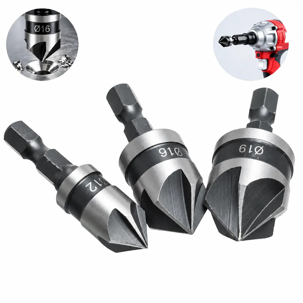 Countersink Drill Bits 5 Flute 90 Degree Chamfering Countersink Drill Bit Set with 1/4'' Hex Shank Woodworking Chamfer Drilling Tool Carbon Steel 12mm/16mm/19mm