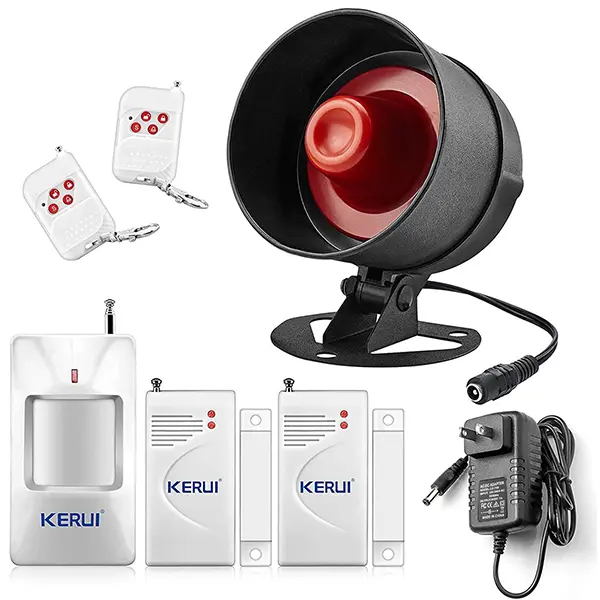 KERUI Standalone Home Office & Shop Security Alarm System Kit, Wireless Loud Indoor / Outdoor Weatherproof Strobe Siren Horn with 2 Remote Control and 2 Door Contact Sensor,1 Motion Sensor Door Alarm Home Hotel Garage Shop Burglar Alarm System