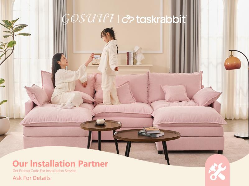 【2 Packages Shipping】GOSUHI 108" U-Shaped Modular Sectional Sofa - Comfy Cloud 3-Seater with 2 Movable Ottoman, Cloud Sofa,Deep Seat Linen Couch for Living Room, Beige Color ,Comfort & Stylish Design,Chenille pink