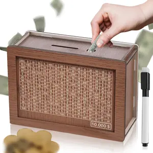 Cash Vault Wooden Savings Box, Wooden Cash Saver Money Box, Wooden Penny Bank Coin Bank with Counting Target, Wooden Coin Bank