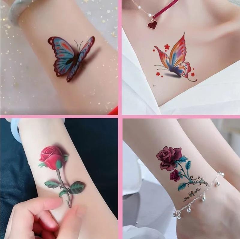 100 Sheets Flower Temporary Tattoo Stickers Rose Butterfly & Multicolor Mixed Styles Waterproof Removable Long Lasting Durable Realistic Body Art
