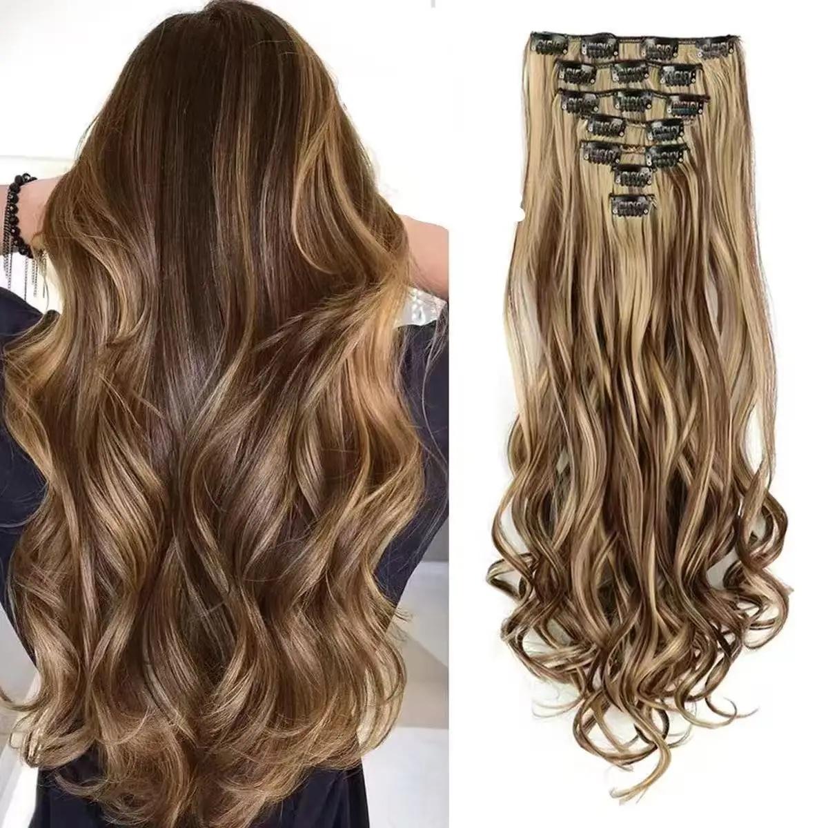 2026 New Clip In Hair Extensions 7 PCS Full Head 22 Inch Long Curly Wavy  For Women Girls Hair Synthetic Wig Hairpieces