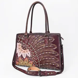 American Darling Tote Bag Western Hand-Tooled Genuine Leather Floral Carved Shoulder Bag with Braided Trim and Rivets
