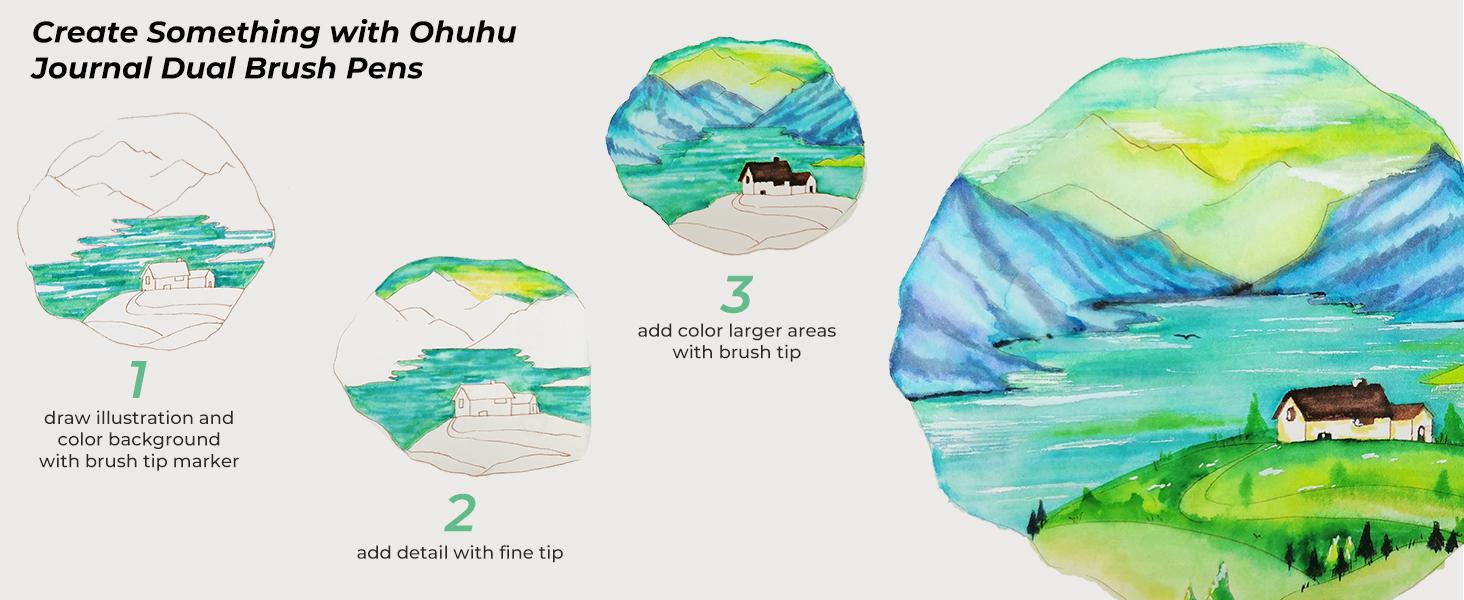 Ohuhu Maui 100-Color Brush Pens Dual Brush Fine Tip Drawing Pens Water-Based Coloring Markers for Calligraphy Bullet Journal with Carrying Case -Maui