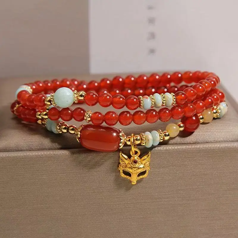 Red Agate Multi-layer Bracelet Women's Light Luxury Niche High-end Abacus Bead Fox Mask Bracelet New Year Good Luck