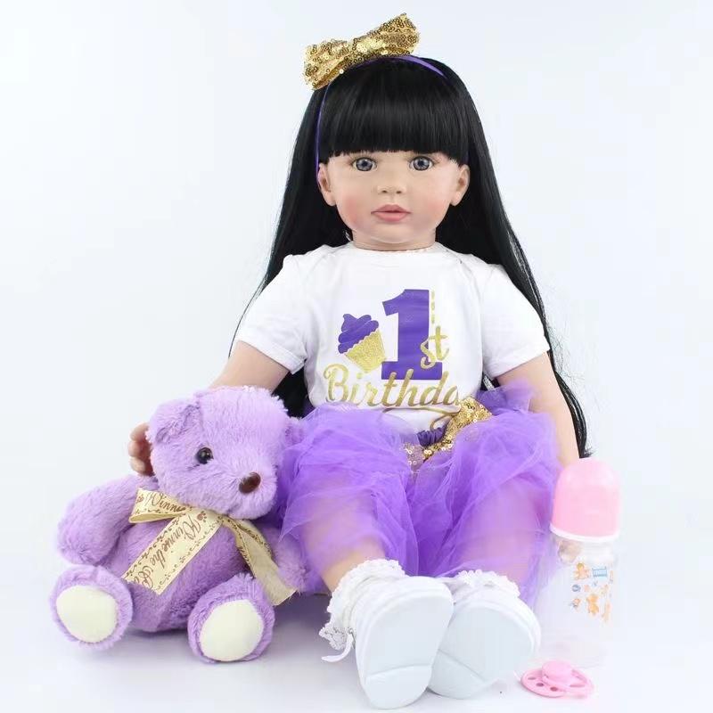 22" Realistic Newborn Baby Girl Doll with Long Black Hair Soft Vinyl Body Lifelike Features Expressive Details Includes Baby Bottle Birth Certificate Perfect Christmas Gift for Kids Ages 3-6