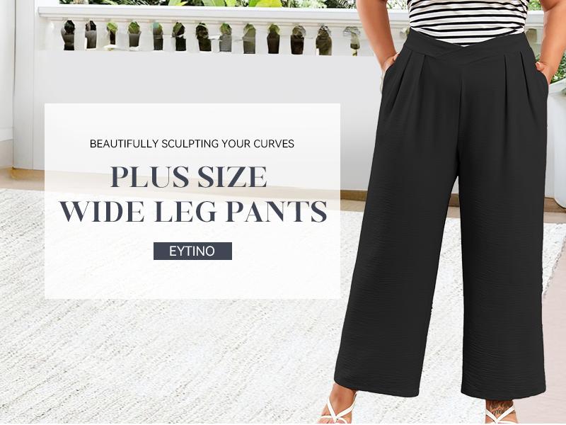 Eytino Womens Plus Size Wide Leg Pants Crossover Waist Pleated Front Casual Work Pants Lounge Trouser with Pockets(1X-5X) Eytino Womens Plus Size Wide Leg Pants Crossover Waist Pleated Front Casual Work Pants Lounge Trouser with Pockets(1X-5X)
