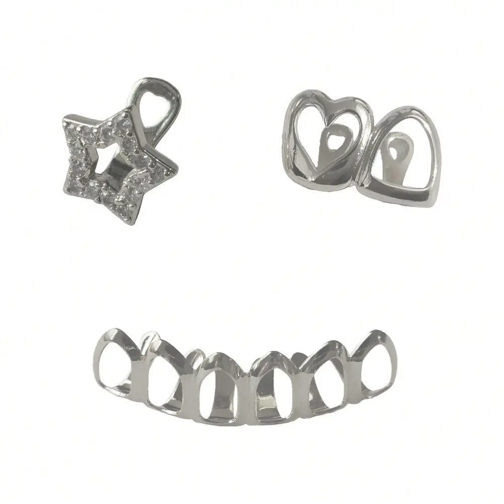 Women's Coquette Style Silver-Plated Iced Star & Open Heart Grillz Set, Gentle Aesthetic Teeth-Dental Accessory, Reusable with Customizable Fit, Teeth Accessory, Dental Accessories