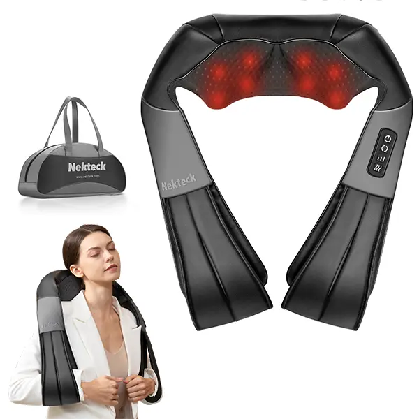 Nekteck Shiatsu Neck & Back Massager with Soothing Heat Electric Deep Tissue 3D Kneading Massage Pillow for Shoulder Leg Body Muscle Pain Relief 8 Soft Springy Massage Heads with Built-in Heating Function