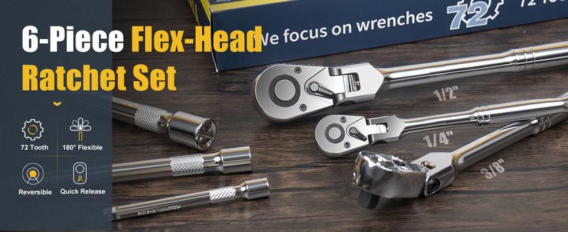 6-Piece Flex Head Ratchet Set Chrome Vanadium Steel 1/4 3/8 1/2" Drive with Extension Bars 72 Tooth 180° Adjustable Quick-Release Professional Swivel Head Ratchet Wrench Gift Set for Tight Spaces and Easy Reach BlackFriday Christmas Gift