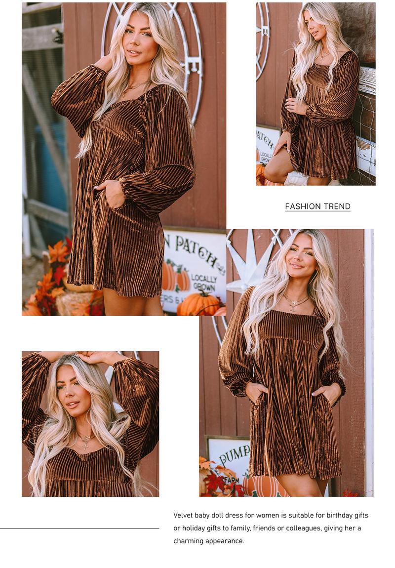 Asvivid Women's Tie Back Square Neck Velvet Babydoll Dress with Pockets for Spring Fall Fashion Long Sleeve Sweet Holiday Dresses Longsleeves Lady Womenswear Casual Wear