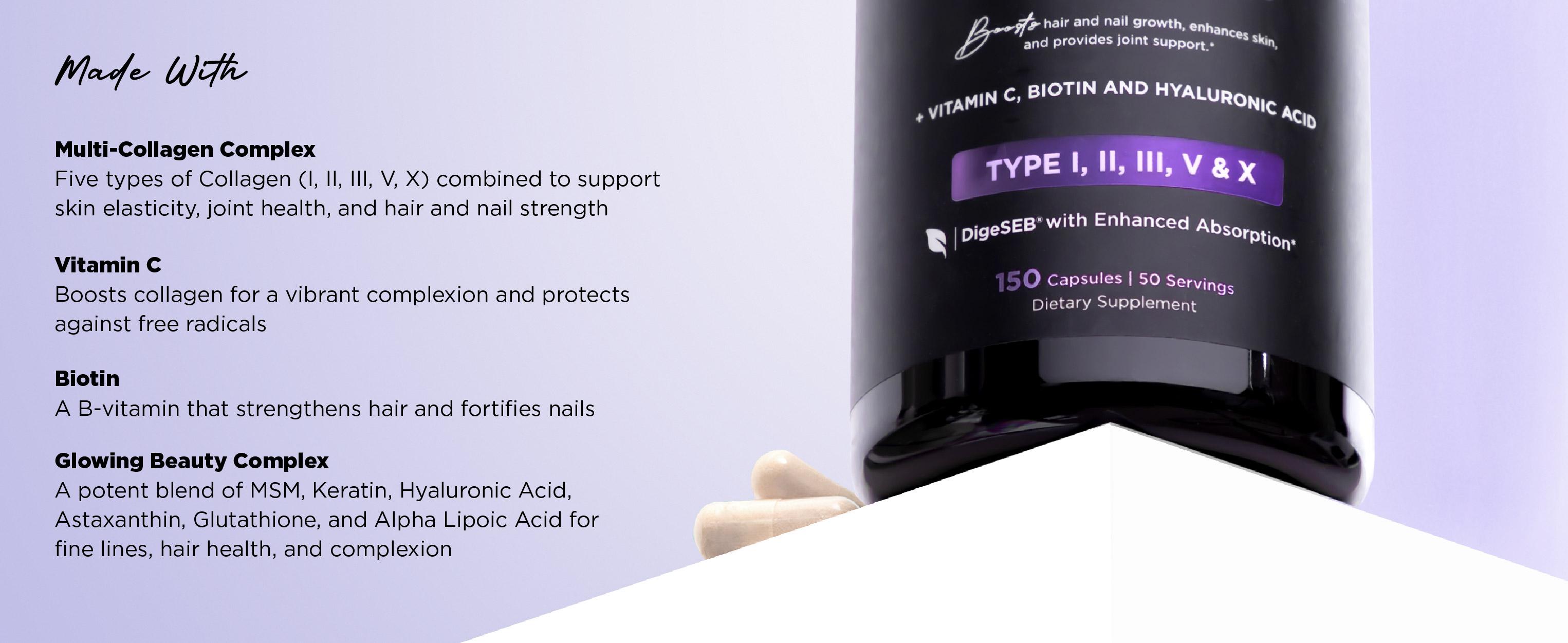 Multi Collagen Complex Plus - with Biotin, Hyaluronic Acid, Vitamin C - Type I, II, III, V, X - for Women & Men - Hair, Skin, Nails Beauty Complex - 150 Capsules