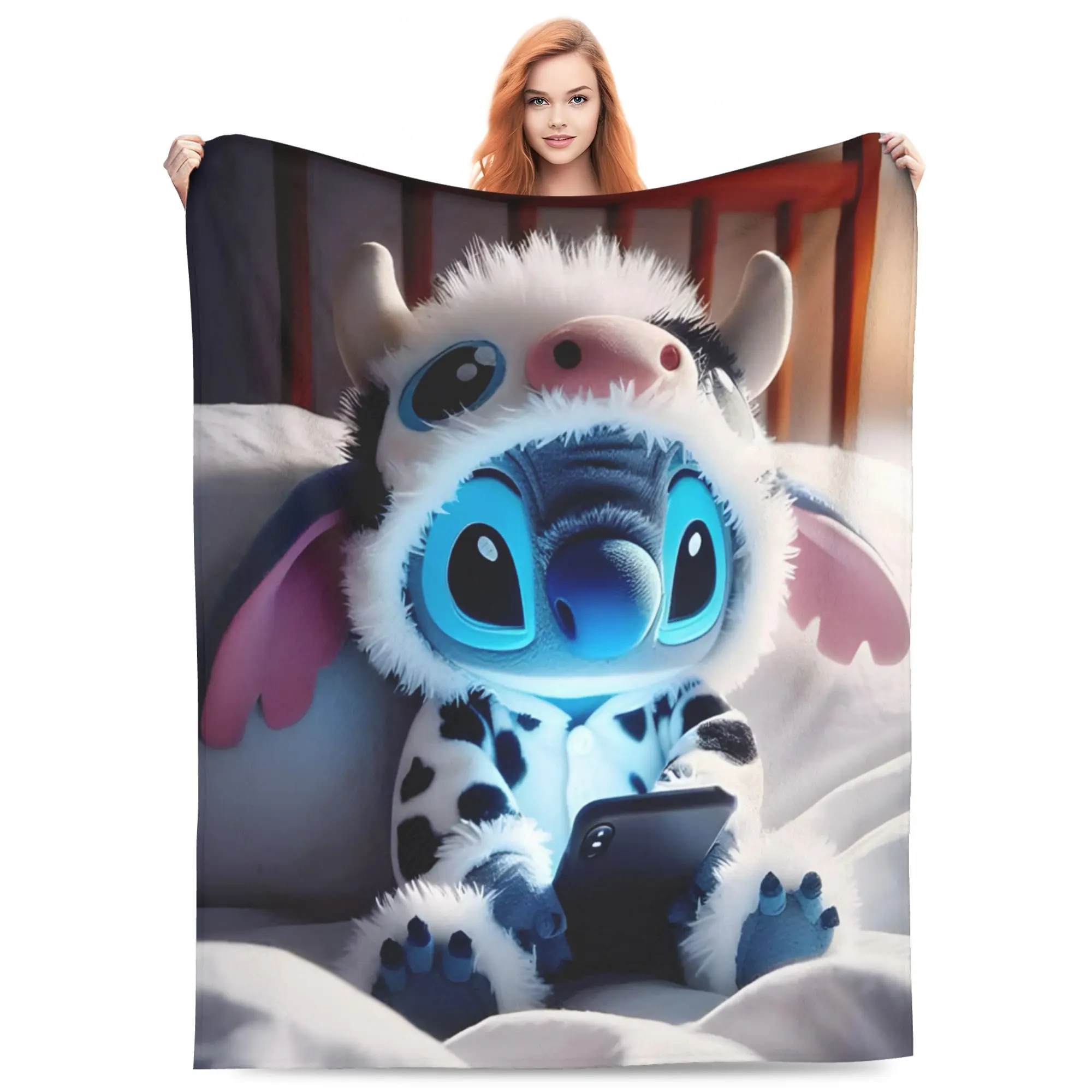 DISNEY CLASSIC Cute Cow Outfit Stitch Flannel Throw Blanket, Cartoon Lilo & Stitch Bed Blanket, Soft Cozy Lightweight Fleece Blanket for Sofa Bed Couch, All Season Warm Plush Blanket Gift for Kids Adults Fans