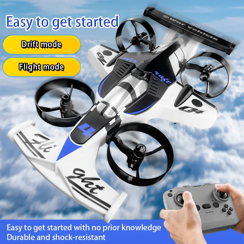 Remote-controlled car and plane combo, 360-degree drift tires, land and air capable, one-touch lift, impact-resistant materials, three adjustable speeds, perfect gift for kids rc flying Jet with Sound & Light