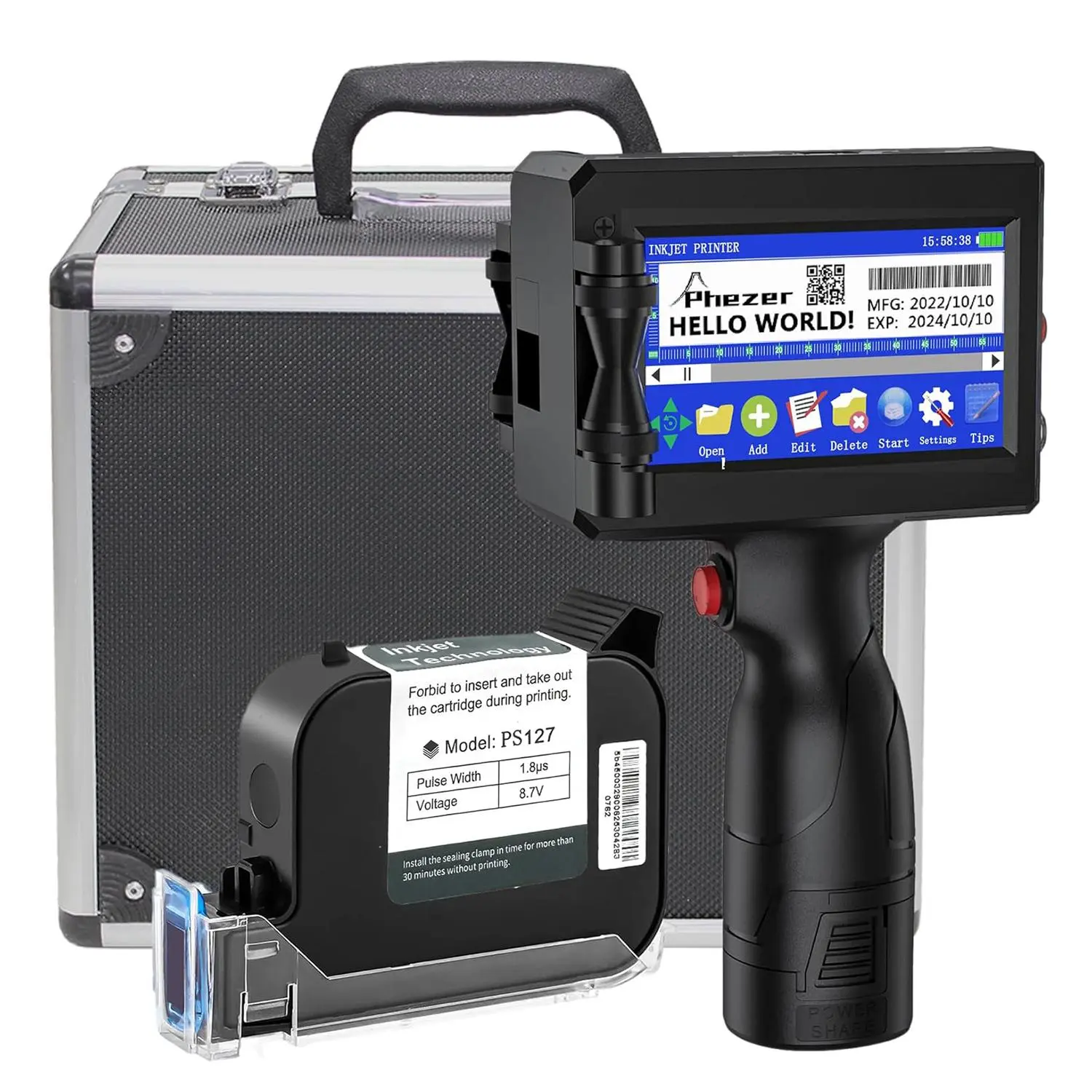Phezer P15 Handheld Inkjet Printer & Cloth Printing Machine Kit | 12.7mm Quick-Drying Coder Gun with PS127 Ink | 600DPI Portable Labeler for DIY, QR, Date on Fabric/Metal/Plastic (Includes Hard Case)