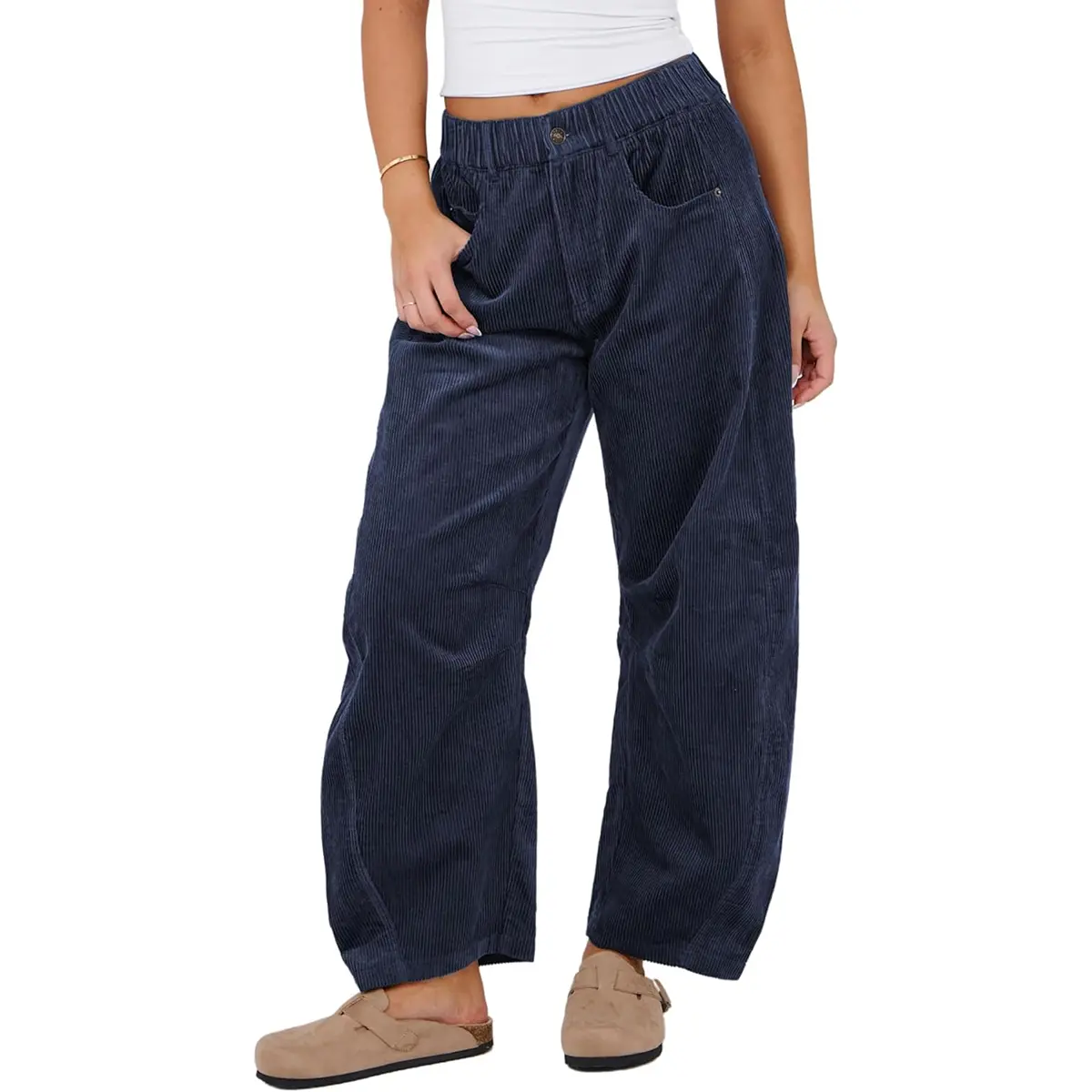 Bienmorn women’s corduroy barrel pants, mid-rise, baggy wide-leg, cropped ankle length, elastic waistband, casual vintage brown aesthetic, Y2K style, pockets