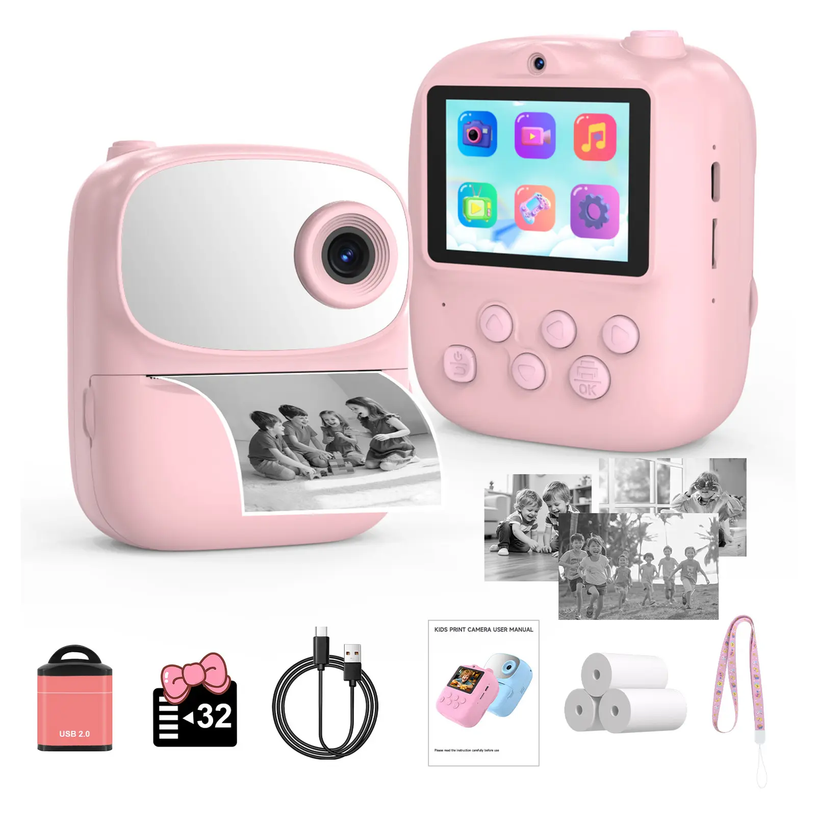 【SummerWins】Kids Instant Print Camera (with 3 Rolls of Paper), 2.4" LCD Screen, Rechargeable 1080P Pocket Camera, 12MP Photos, Thermal Paper Printing (No Ink Needed), Birthday Gift for Boys & Girls, Portable Lens Camera, FathersDayGift sohochic
