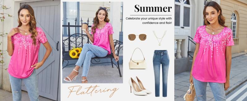 ZEAGOO back to school Women Tunic Tops Dressy Casual Summer Short Sleeve Shirts Floral Loose Fit Pleated Boho Top S-XXL