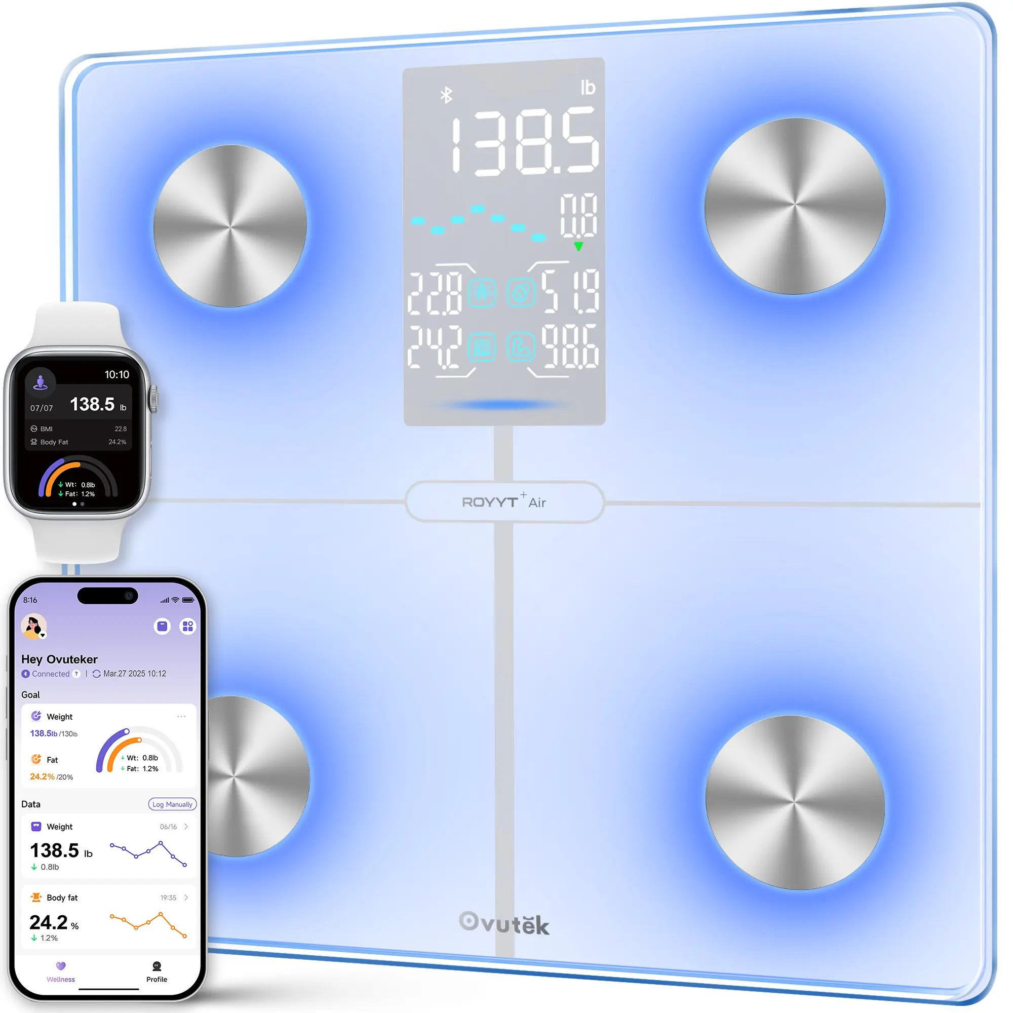 Ovutek Smart Body Fat Scale, with 7-Color Glowing Sreen, (Green/Loss, Red/Gain, Blue/Stable), 14 Body Composition Metrics Including BMI, Muscle Mass, Data Display Screen, Weight Bathroom Scale with Color-Changing, Fitness App, Glowing White,back to school