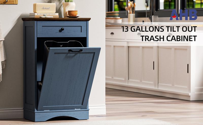 【Does Not Include Trash Can】 Spurgehom 13 Gallon Tilt-Out Trash Can Cabinet, Hidden Kitchen Garbage Bin with Drawer, Pet-Proof Storage